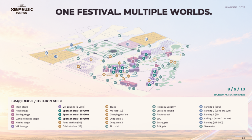 Official XMF 2027 festival map with stage locations, sponsor areas and location guide